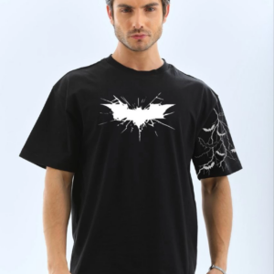 ERKEK Ön ve Kol Baskılı Oversize T-shirt - Siyah
