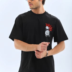 ERKEK Oversize Baskılı Bisiklet Yaka T-Shirt - Siyah