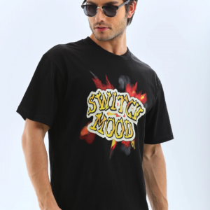 ERKEK Oversize Baskılı Bisiklet Yaka T-Shirt - Siyah