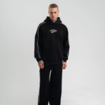 Uzun Kol Kapşonlu Ara Biyeli Baggy Eşofman Takım - Siyah