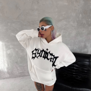 kadın Üç İplik Kapüşonlu Baskılı SweatShirt - Beyaz