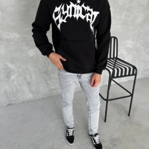 ERKEK Üç İplik Kapüşonlu Baskılı SweatShirt - Siyah