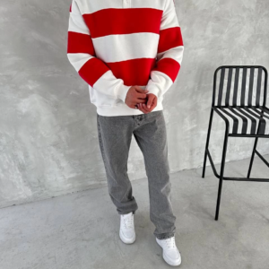 Erkek Üç İplik Parçalı Yakalı SweatShirt - Kırmızı