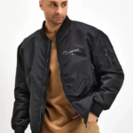 Erkek Bomber Mont Siyah Atatürk Silüet Baskılı Fermuarlı Cepli Kapitone Astarlı - Siyah