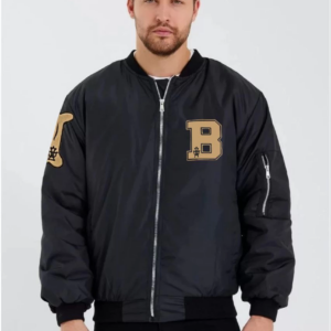 Erkek Siyah Bomber Kolej Mont B Harfi Kemik Baskılı Su İtici Kapitone Astarlı - Siyah