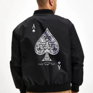 Erkek Bomber Mont Siyah Maça Ası Baskılı Fermuarlı Cepli Kapitone Astarlı Kış Mont - Siyah