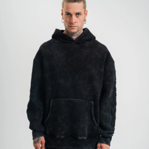 ERKEK Uzun Kol Kapşonlu Yıkamalı Nakışlı SweatShirt - Siyah