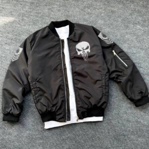 ERKEK Siyah Askeri Tarz Bomber Mont Punisher Skull Detaylı Fermuarlı Cepli - Siyah