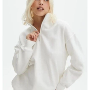 Kadın Uzun Kol Yarım Farmuarlı Yakalı Basic SweatShirt - Beyaz