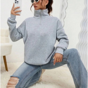 Kadın Uzun Kol Yarım Farmuarlı Yakalı Basic SweatShirt - Gri