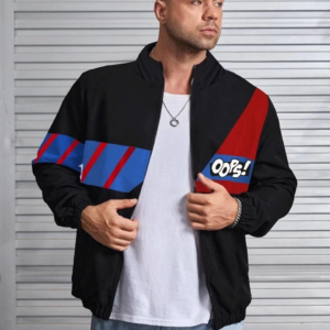 ERKEK Uzun Koll Fermuarlı Baskılı Rüzgarlik - Siyah