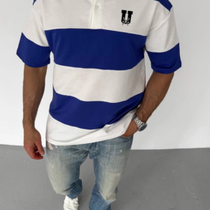 Unisex Yakalı Parçalı ve Baskılı T-shirt - Mavi