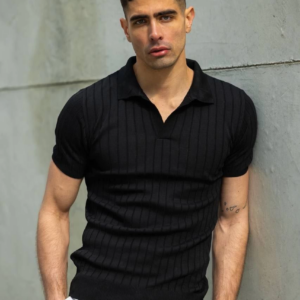 Erkek  V Yakalı Triko T-Shirt - Siyah