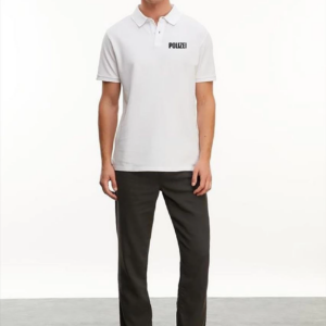 Yakası Düğmeli Yakalı Pike Baskılı T-Shirt - Beyaz