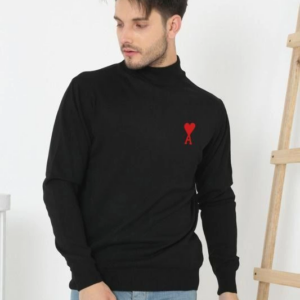 Unisex Yarım Boğazlı Baskılı Dokuma Triko - Siyah