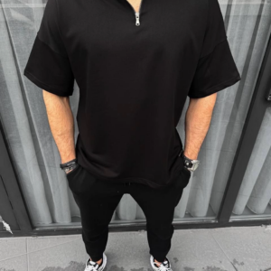 Unisex Yarım Fermuarlı Basic T-Shirt - Siyah