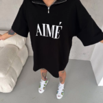 Kadın Yarım Fermuarlı Baskılı T-Shirt - Siyah