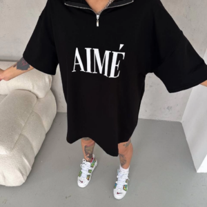 Kadın Yarım Fermuarlı Baskılı T-Shirt - Siyah