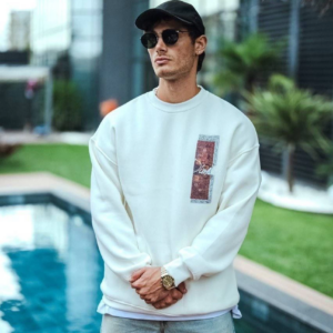 Uzun Kol Bisiklet Yaka Ön ve Arka Baskılı SweatShirt - Beyaz