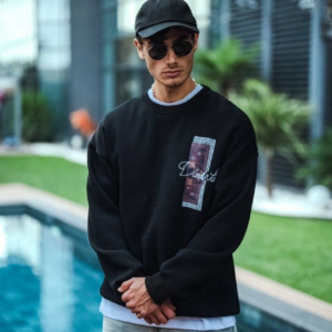 Uzun Kol Bisiklet Yaka Ön ve Arka Baskılı SweatShirt - Siyah