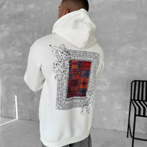 Uzun Kol Kapüşonlu Ön Ve Arka Baskılı SweatShirt - Beyaz