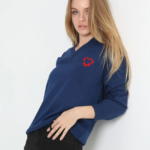 Uzun Kol V Yaka Baskılı Dokuma Triko - Indigo