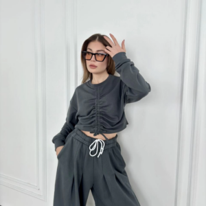 Uzun Kollu Önü İp Büzgülü Crop ve Pantolon İkili Takım - Antrasit