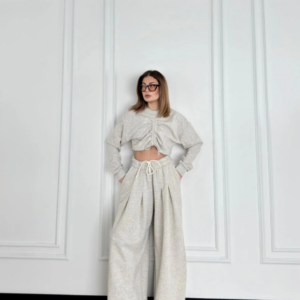 Uzun Kollu Önü İp Büzgülü Crop ve Pantolon İkili Takım - Gri