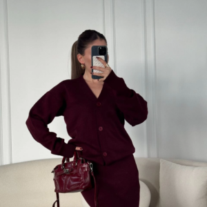 V Yaka 3 Düğmeli Hırka Takım Triko İkili Etekli - Bordo