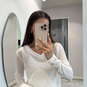 V Yaka uzun Kollu Triko ince Bluz - Beyaz