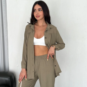 Yakalı Düğmeli Uzun Kollu Gömlek Pantolon ikili Takım - Bej