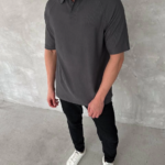 Yakalı Patlı Kısa Kol T-shirt - Antrasit