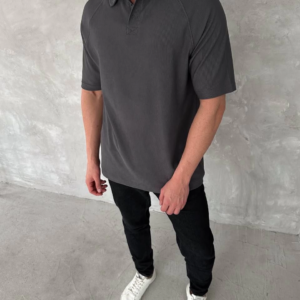 Yakalı Patlı Kısa Kol T-shirt - Antrasit