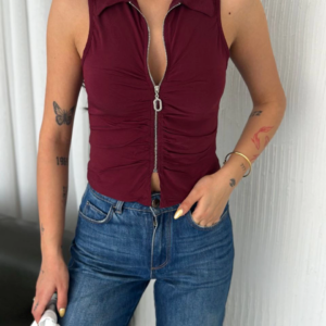 Yakalı Tam Fermuarlı Kolsuz Bluz - Bordo