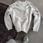 Erkek Yıldırım Baskılı Bisiklet Yaka SweatShirt - Beyaz