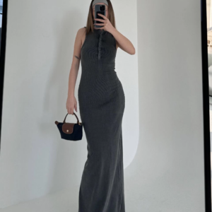 Yırtmaç Detaylı Kolsuz Düğmeli Yıkamalı Uzun Elbise - Antrasit