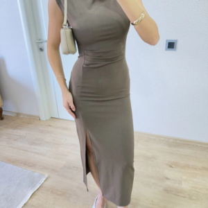 Yırtmaç Detaylı Sırtlı Kapalı Yandan Derin Yırtmaç Detaylı Kolsuz Elbise - Antrasit