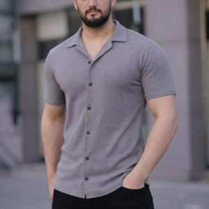 Erkek Waffle Kumaş Kısa Kollu Düğmeli Açık Yaka Regular Fit Gömlek - Gri