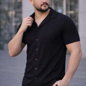 Erkek Waffle Kumaş Kısa Kollu Düğmeli Açık Yaka Regular Fit Gömlek - Siyah