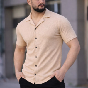Erkek Waffle Kumaş Kısa Kollu Düğmeli Açık Yaka Regular Fit Gömlek - Bej