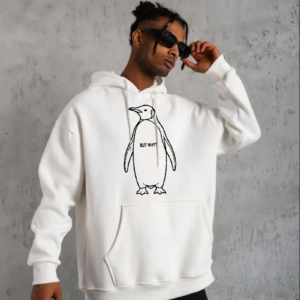 Erkek Nihilist Penguen Özel Tasarım Oversize Kapüşonlu Sweatshirt - Beyaz