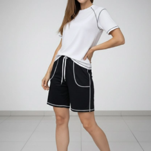 Kadın Spor Tişört Şort Takım Kontrast Dikiş Detaylı Ovarsize rahat kalıp - Beyaz