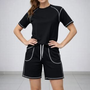 Kadın Spor Tişört Şort Takım Kontrast Dikiş Detaylı Ovarsize rahat kalıp - Siyah