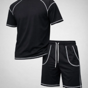 Erkek Spor Tişört Şort Takım Kontrast Dikiş Detaylı Ovarsize rahat kalıp - Siyah