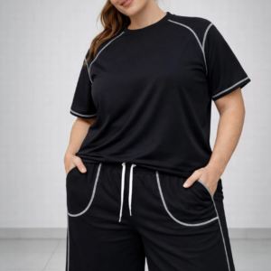 Kadın Battal Beden Kısa Kollu Tişört Şort Takım Kontrast Dikiş Detaylı Günlük Ev Giyimi - Siyah