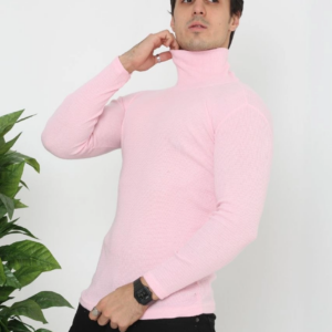 Erkek Kaşkorse Boğazlı Full Likralı Fitilli Body Kazak - Toz Pembe