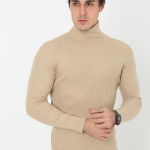 Erkek Kaşkorse Boğazlı Full Likralı Fitilli Body Kazak - Bej