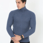 Erkek Kaşkorse Boğazlı Full Likralı Fitilli Body Kazak - İndigo