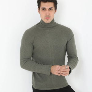 Erkek Kaşkorse Boğazlı Full Likralı Fitilli Body Kazak - Haki