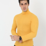 Erkek Kaşkorse Boğazlı Full Likralı Fitilli Body Kazak - Sarı